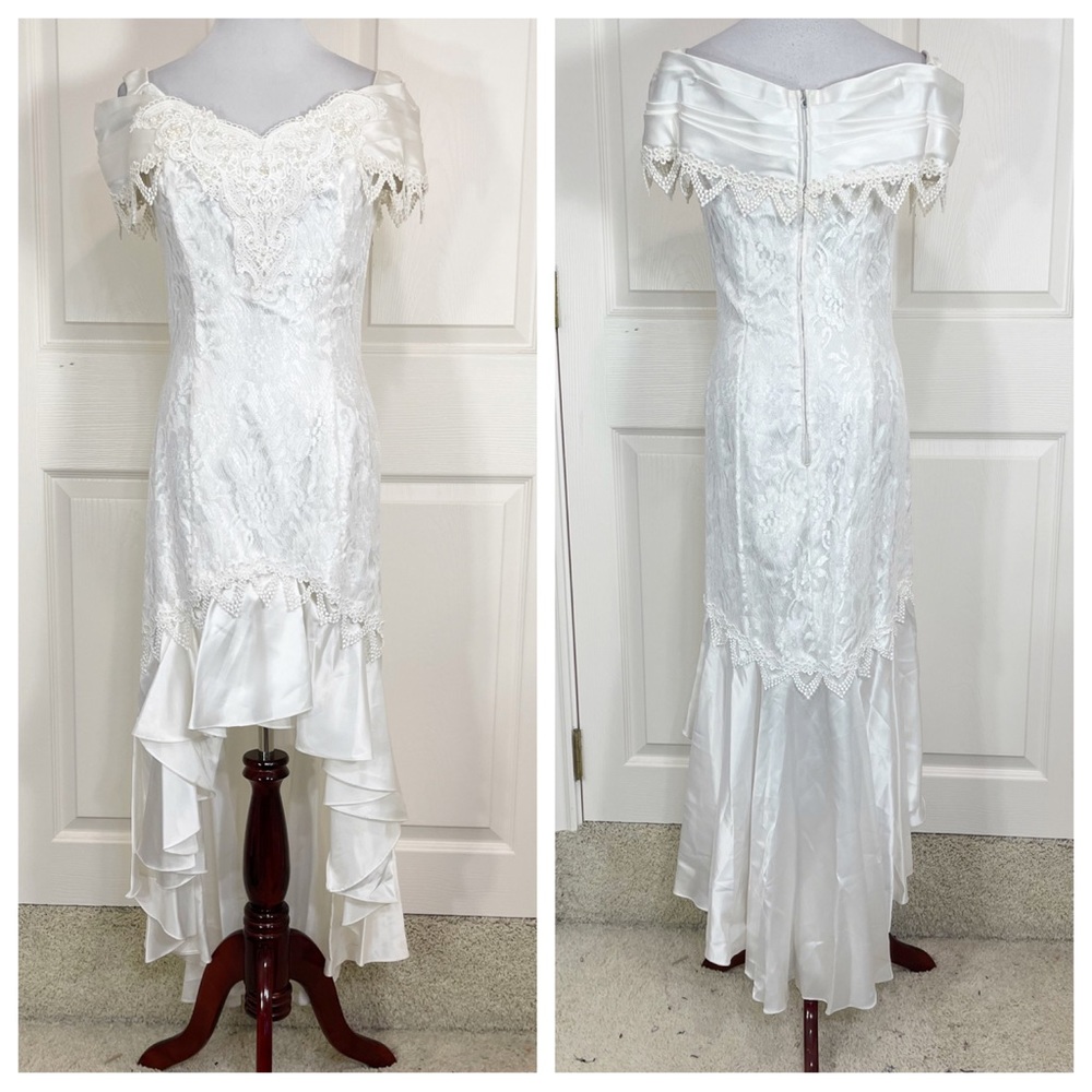 Vintage white off shoulder lace Pearl high low dress